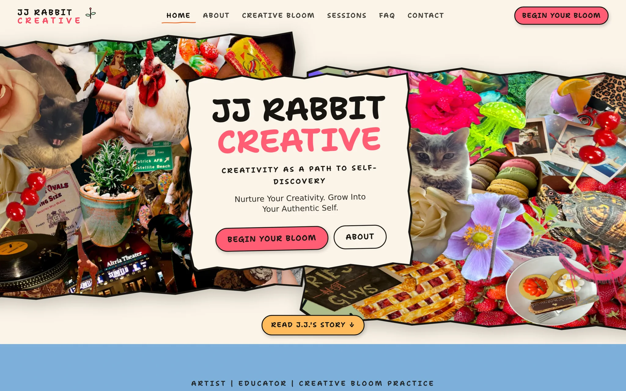 The JJ Rabbit Creative homepage: a collage of torn-paper photographs and hand-drawn marks around the site's name, with two calls to action.