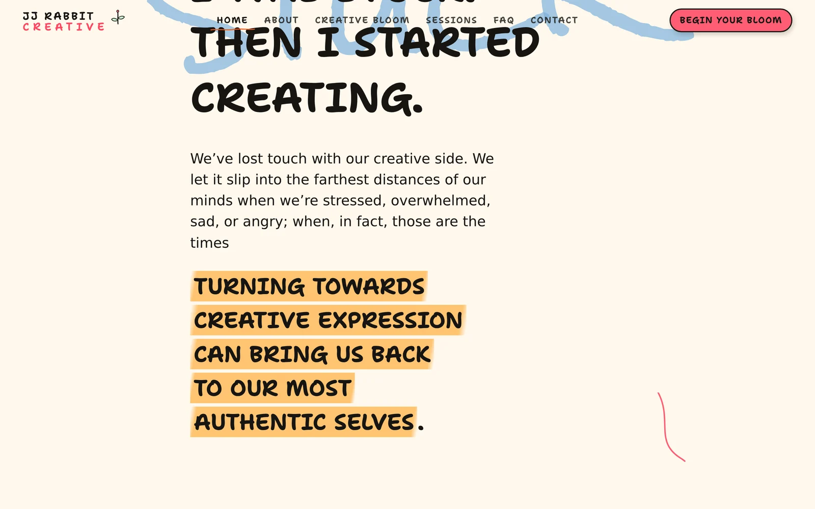 An interior section of the site headed 'I was stuck. Then I started creating.', with a highlighted pull quote and a hand-drawn word running behind the type.