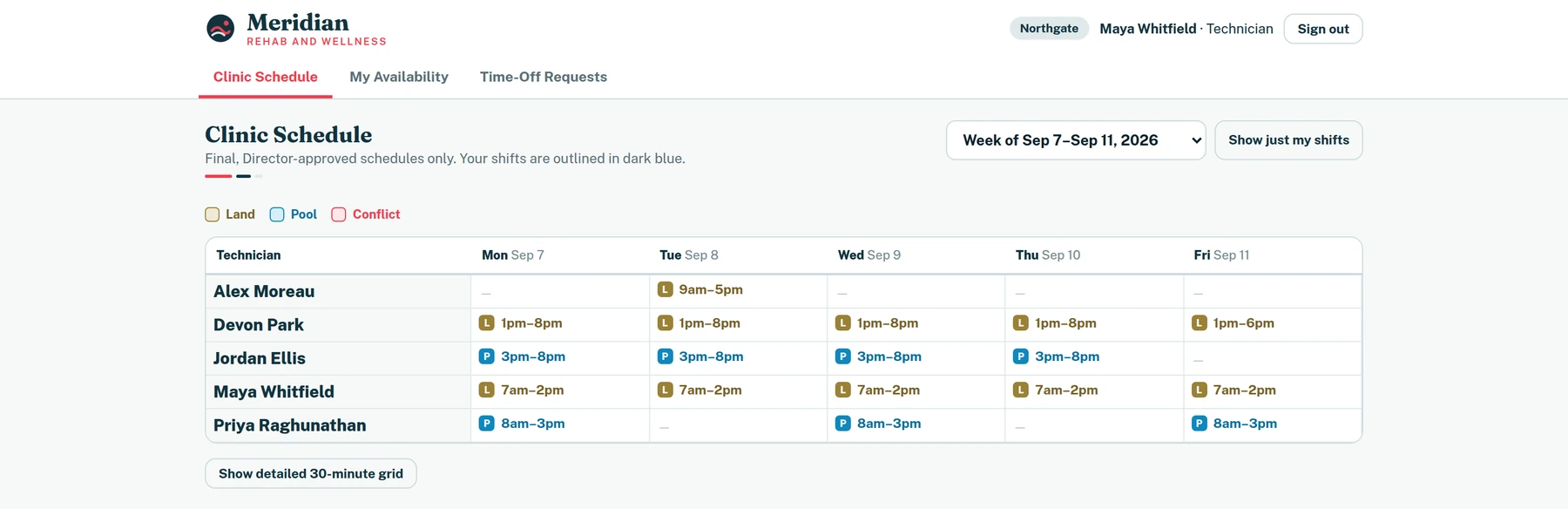 The technician's view of the posted week: one row per technician, days across, each cell a shift with its location, under a line reading 'Final, Director-approved schedules only'.